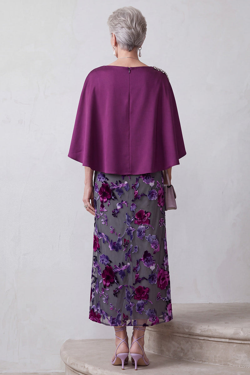 Laden Sie das Bild in den Galerie-Viewer, Fuchsia Samt Scheide Satin Strassstein Blumen Midi Mutter der Braut Kleid mit Umhang