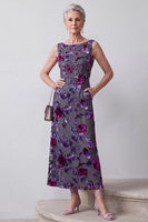 Laden Sie das Bild in den Galerie-Viewer, Fuchsia Samt Scheide Satin Strassstein Blumen Midi Mutter der Braut Kleid mit Umhang