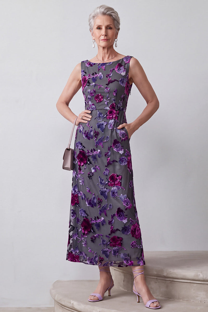Laden Sie das Bild in den Galerie-Viewer, Fuchsia Samt Scheide Satin Strassstein Blumen Midi Mutter der Braut Kleid mit Umhang