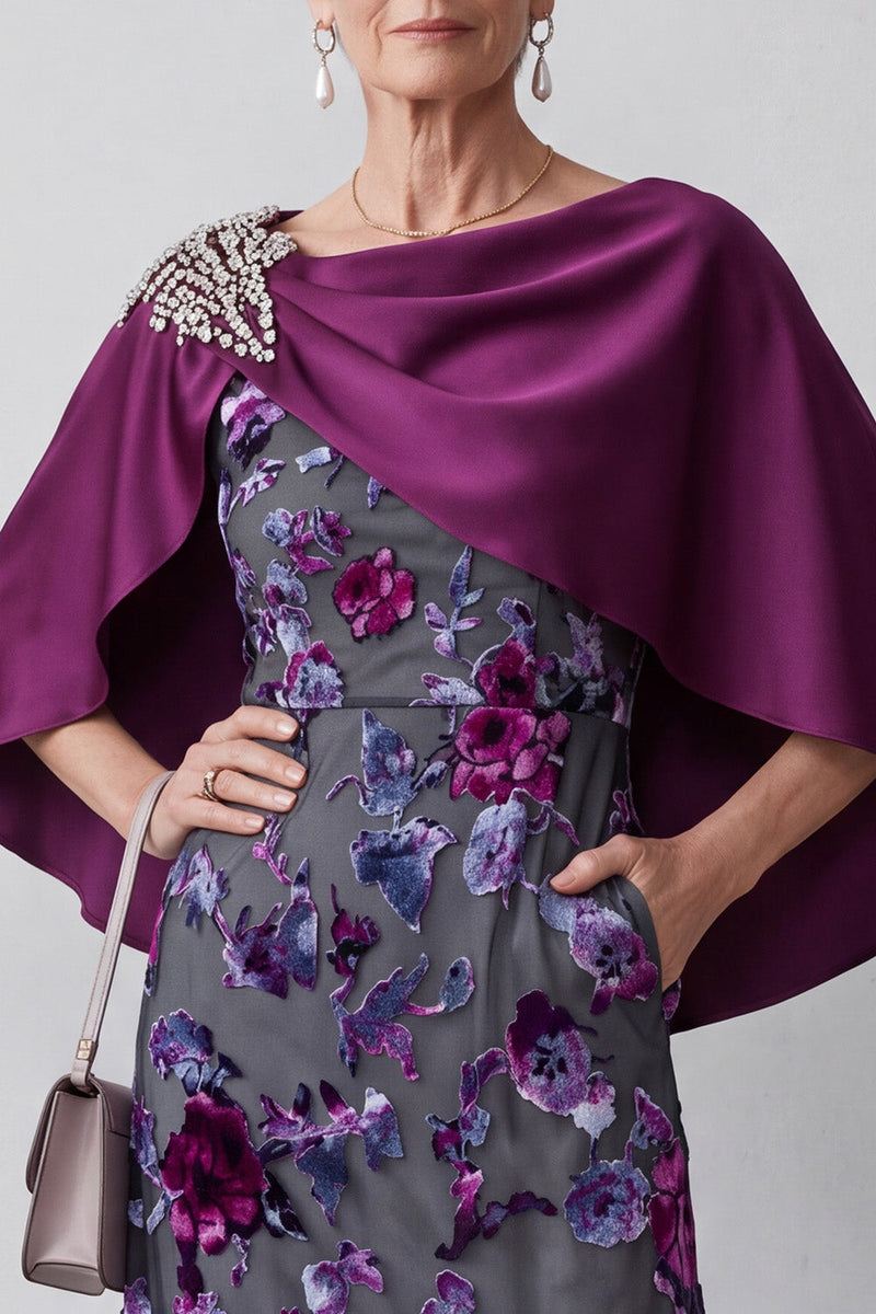 Laden Sie das Bild in den Galerie-Viewer, Fuchsia Samt Scheide Satin Strassstein Blumen Midi Mutter der Braut Kleid mit Umhang