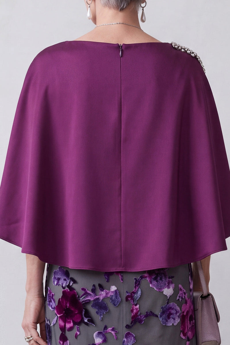 Laden Sie das Bild in den Galerie-Viewer, Fuchsia Samt Scheide Satin Strassstein Blumen Midi Mutter der Braut Kleid mit Umhang