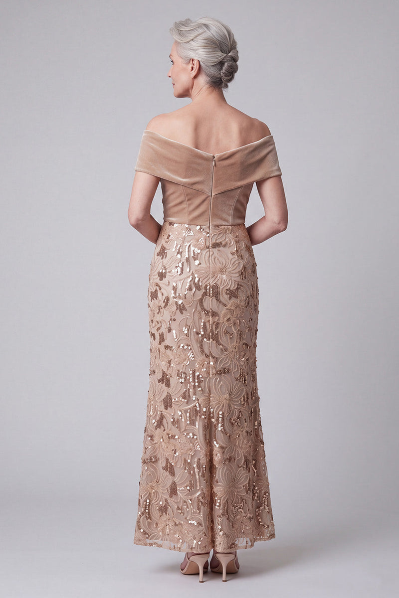 Laden Sie das Bild in den Galerie-Viewer, Off-the-shoulder Champagner Applikationen Pailletten Samt Scheide Mutter der Braut Kleid