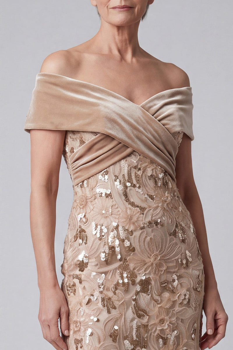 Laden Sie das Bild in den Galerie-Viewer, Off-the-shoulder Champagner Applikationen Pailletten Samt Scheide Mutter der Braut Kleid