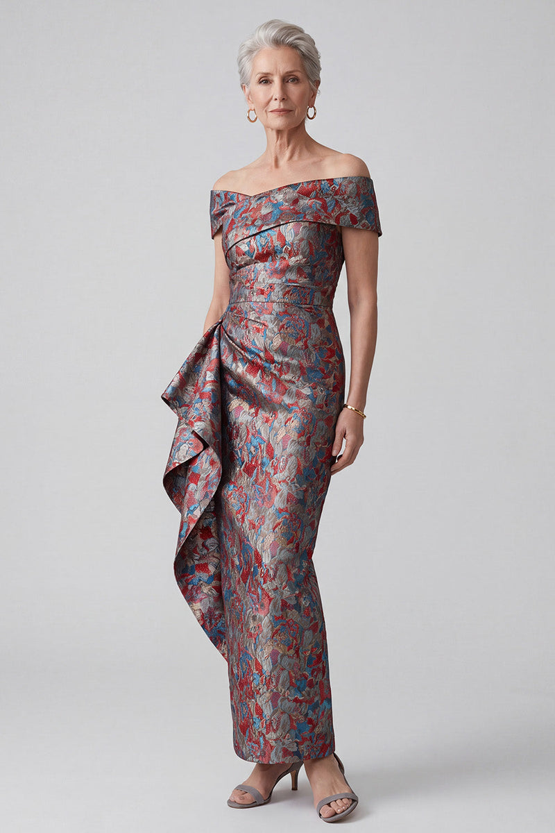 Laden Sie das Bild in den Galerie-Viewer, Graues Schulterfreies Jacquard Scheide Raffe Mutter der Braut Kleid mit Draping