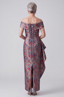 Laden Sie das Bild in den Galerie-Viewer, Graues Schulterfreies Jacquard Scheide Raffe Mutter der Braut Kleid mit Draping