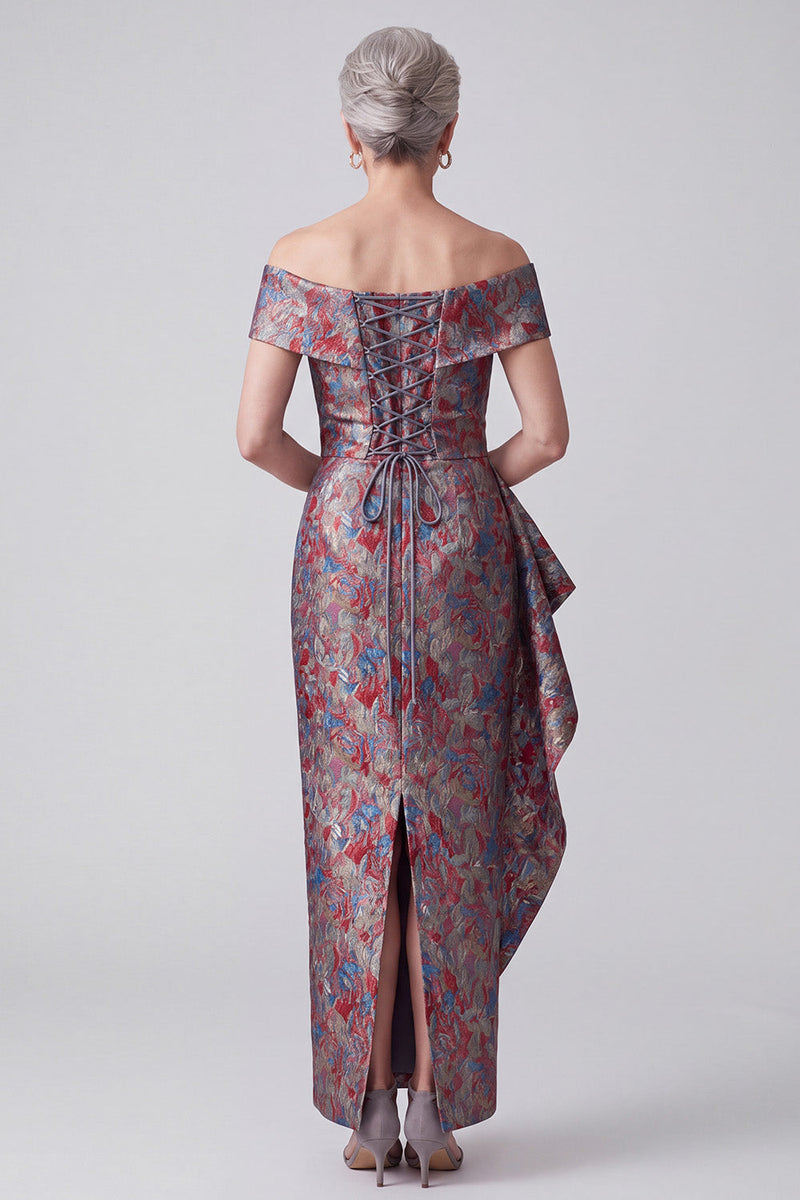 Laden Sie das Bild in den Galerie-Viewer, Graues Schulterfreies Jacquard Scheide Raffe Mutter der Braut Kleid mit Draping