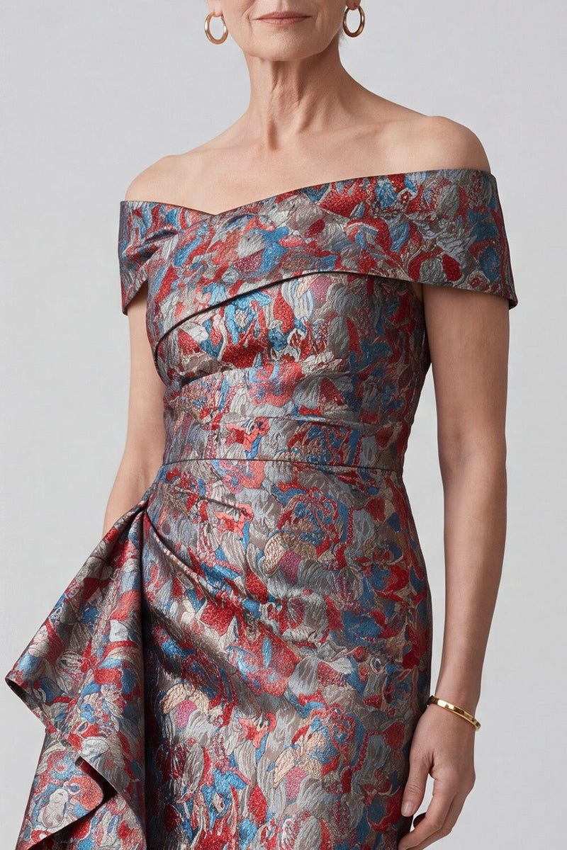 Laden Sie das Bild in den Galerie-Viewer, Graues Schulterfreies Jacquard Scheide Raffe Mutter der Braut Kleid mit Draping