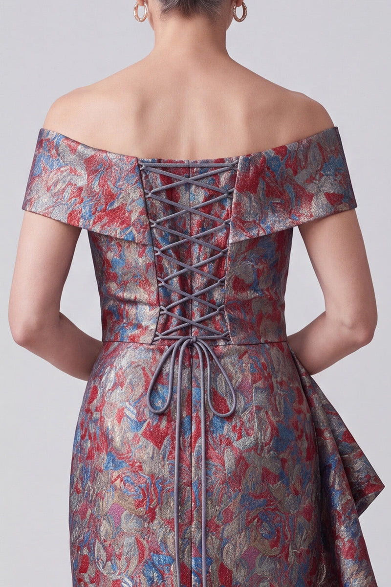 Laden Sie das Bild in den Galerie-Viewer, Graues Schulterfreies Jacquard Scheide Raffe Mutter der Braut Kleid mit Draping