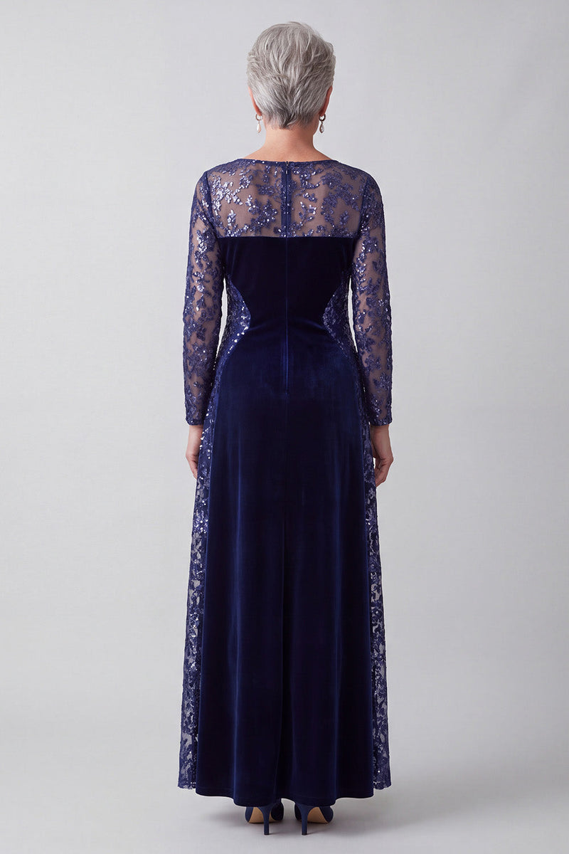 Laden Sie das Bild in den Galerie-Viewer, Navy Illusion Rundhals Stickerei Samt A-Linie Pailletten Mutter der Braut Kleid