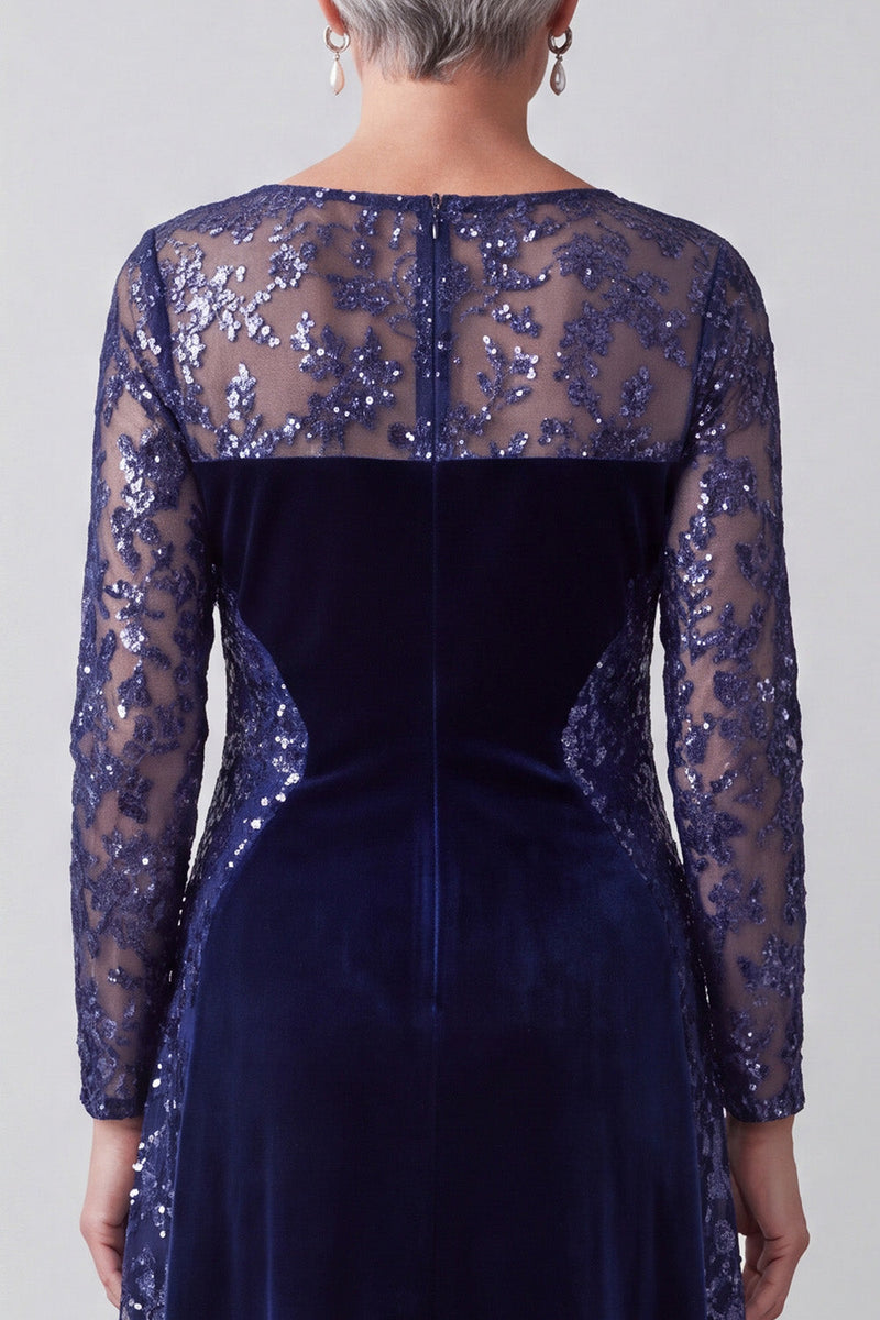 Laden Sie das Bild in den Galerie-Viewer, Navy Illusion Rundhals Stickerei Samt A-Linie Pailletten Mutter der Braut Kleid