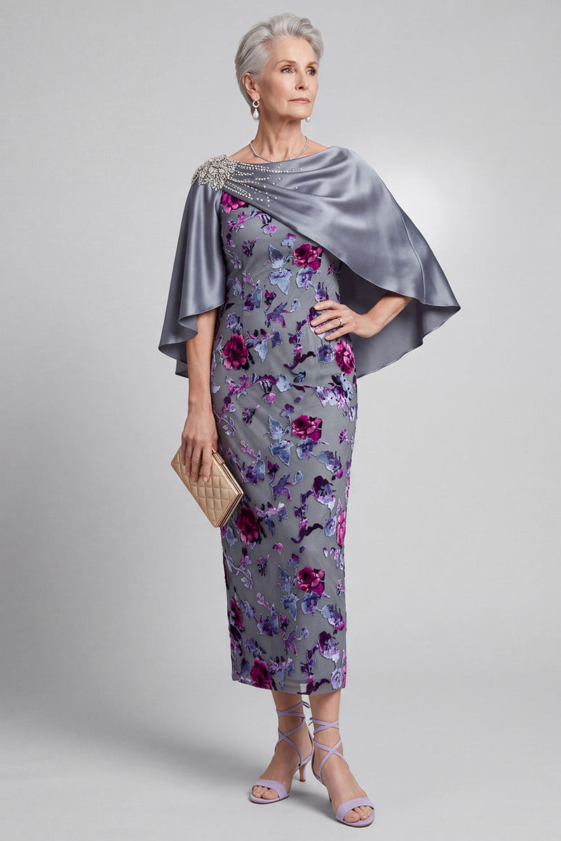 Laden Sie das Bild in den Galerie-Viewer, Graues Blumen Samt Scheide Streißstein Bateau-Hals Satin Mutter der Braut Kleid mit Umhang