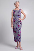 Laden Sie das Bild in den Galerie-Viewer, Graues Blumen Samt Scheide Streißstein Bateau-Hals Satin Mutter der Braut Kleid mit Umhang