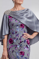 Laden Sie das Bild in den Galerie-Viewer, Graues Blumen Samt Scheide Streißstein Bateau-Hals Satin Mutter der Braut Kleid mit Umhang