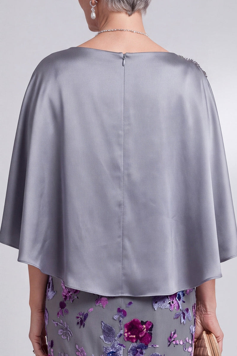 Laden Sie das Bild in den Galerie-Viewer, Graues Blumen Samt Scheide Streißstein Bateau-Hals Satin Mutter der Braut Kleid mit Umhang