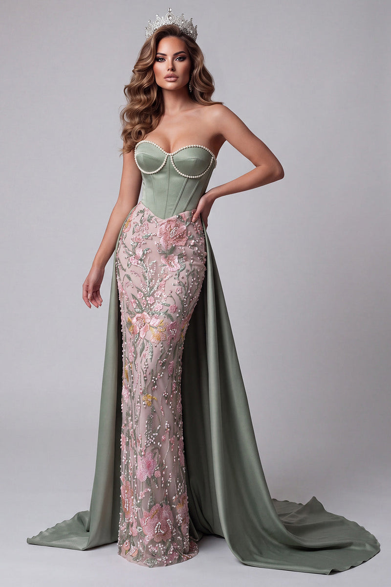 Laden Sie das Bild in den Galerie-Viewer, Salbeigrünes Satin Perlen Korsett Blumen Stickerei Trägerloses Maxi Abendkleid mit Drapierung