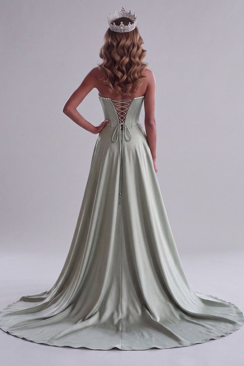 Laden Sie das Bild in den Galerie-Viewer, Salbeigrünes Satin Perlen Korsett Blumen Stickerei Trägerloses Maxi Abendkleid mit Drapierung
