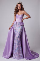 Laden Sie das Bild in den Galerie-Viewer, Lavendel Satin Trägerloses Korsett Perlen Meerjungfrauen Stickerei Abendkleid mit Drapierung