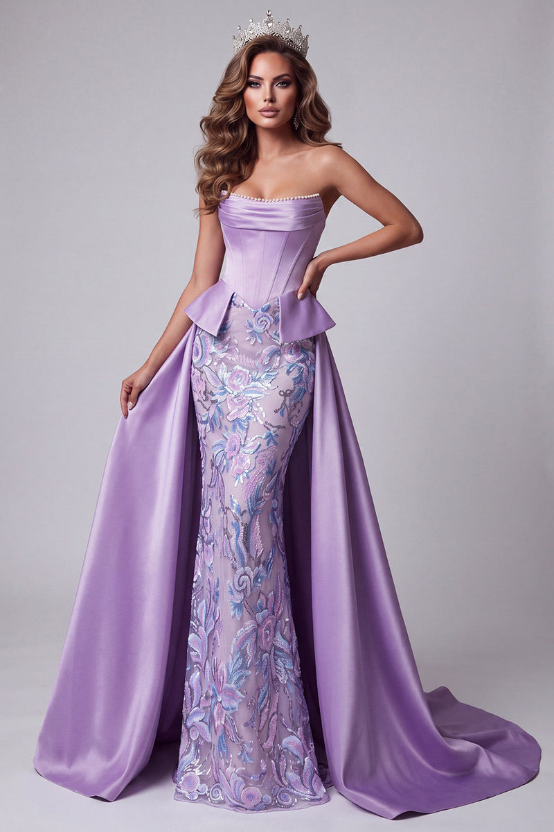 Laden Sie das Bild in den Galerie-Viewer, Lavendel Satin Trägerloses Korsett Perlen Meerjungfrauen Stickerei Abendkleid mit Drapierung