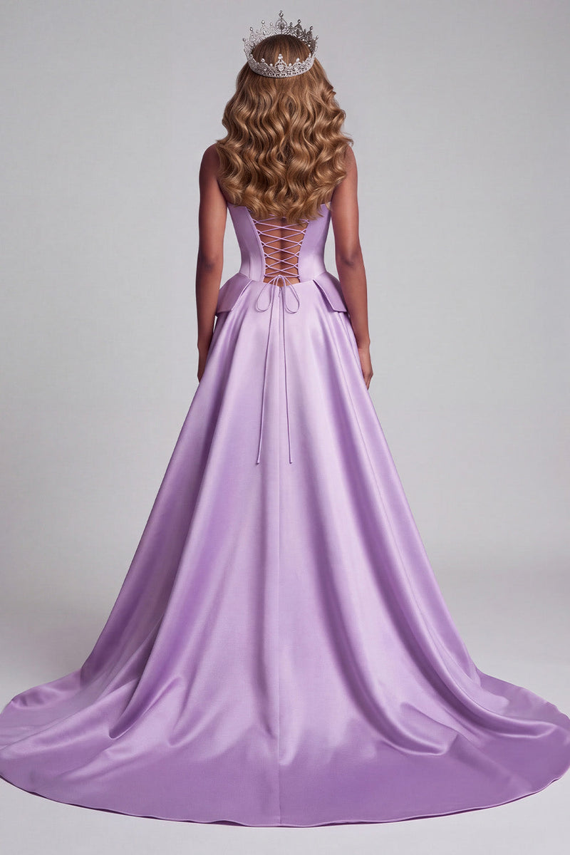 Laden Sie das Bild in den Galerie-Viewer, Lavendel Satin Trägerloses Korsett Perlen Meerjungfrauen Stickerei Abendkleid mit Drapierung
