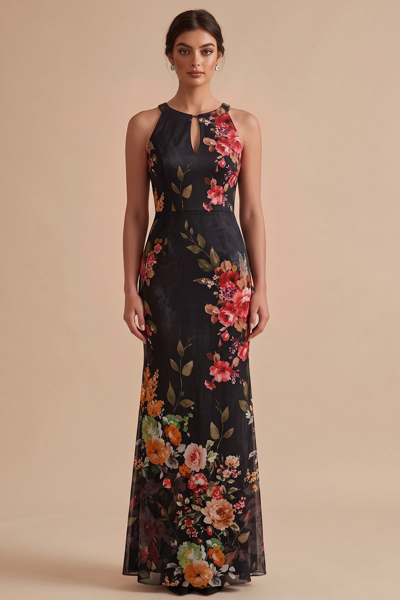 Laden Sie das Bild in den Galerie-Viewer, Schwarz Bedrucktes Halter Schlüsselloch Maxi Hochzeitsgastkleid