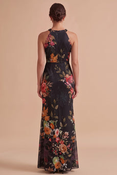 Schwarz Bedrucktes Halter Schlüsselloch Maxi Hochzeitsgastkleid