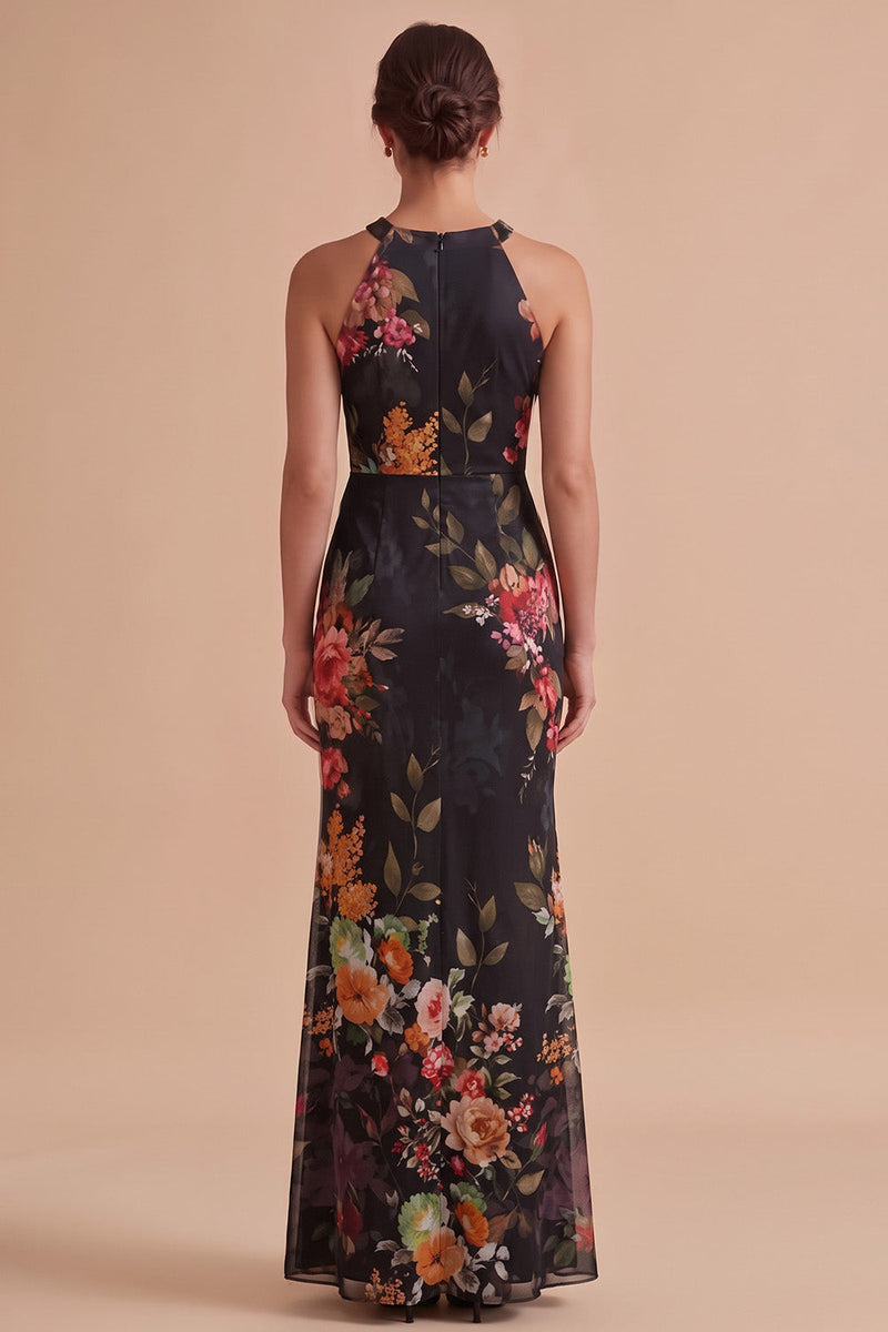 Laden Sie das Bild in den Galerie-Viewer, Schwarz Bedrucktes Halter Schlüsselloch Maxi Hochzeitsgastkleid