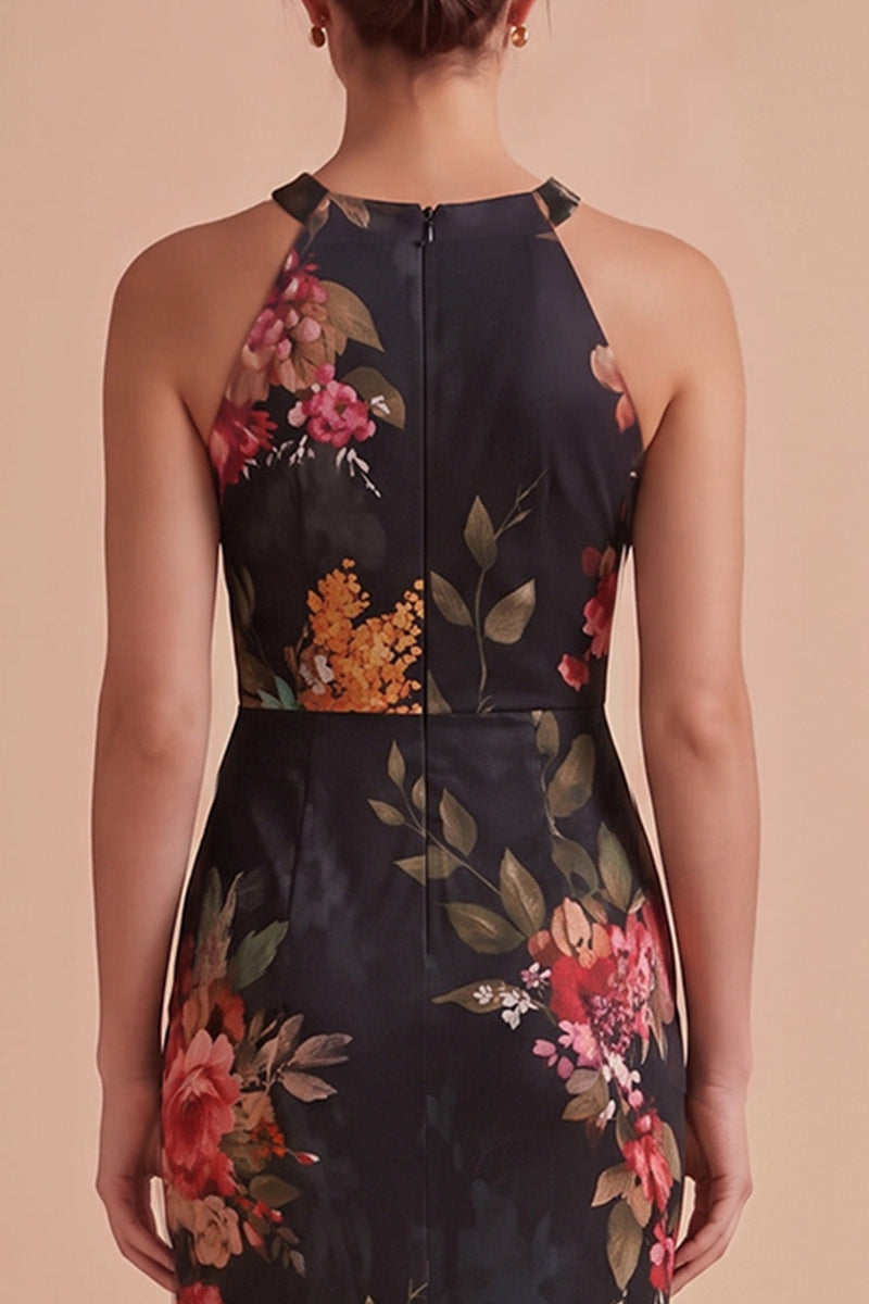 Laden Sie das Bild in den Galerie-Viewer, Schwarz Bedrucktes Halter Schlüsselloch Maxi Hochzeitsgastkleid