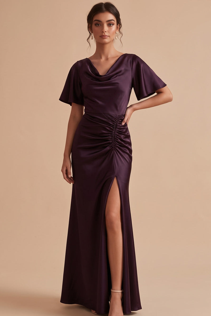 Laden Sie das Bild in den Galerie-Viewer, Pflaumen Mantel Gerafftes Satin Maxi Hochzeitsgastkleid mit Seitenschlitz