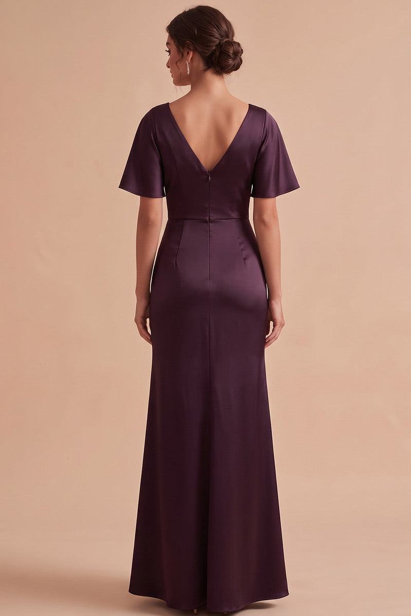 Laden Sie das Bild in den Galerie-Viewer, Pflaumen Mantel Gerafftes Satin Maxi Hochzeitsgastkleid mit Seitenschlitz