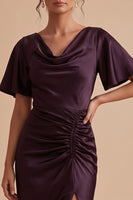 Laden Sie das Bild in den Galerie-Viewer, Pflaumen Mantel Gerafftes Satin Maxi Hochzeitsgastkleid mit Seitenschlitz