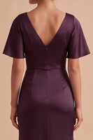 Laden Sie das Bild in den Galerie-Viewer, Pflaumen Mantel Gerafftes Satin Maxi Hochzeitsgastkleid mit Seitenschlitz