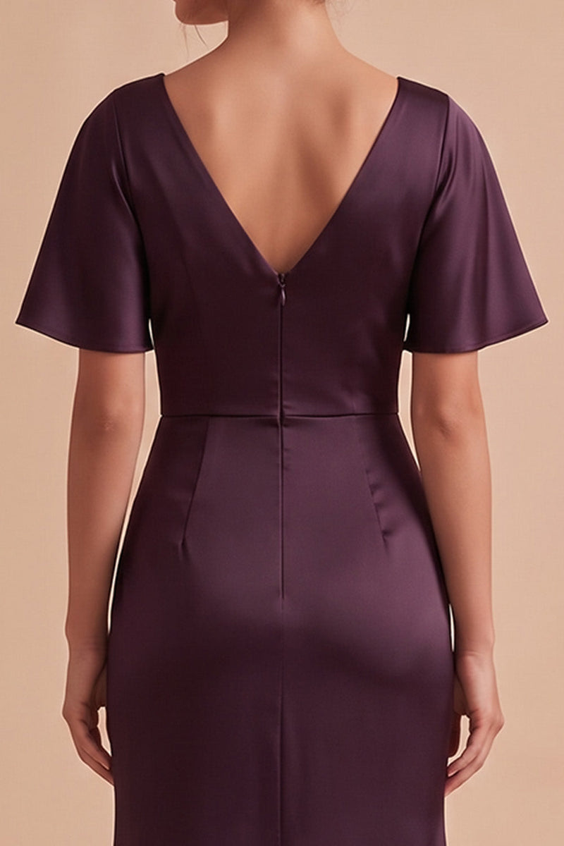 Laden Sie das Bild in den Galerie-Viewer, Pflaumen Mantel Gerafftes Satin Maxi Hochzeitsgastkleid mit Seitenschlitz