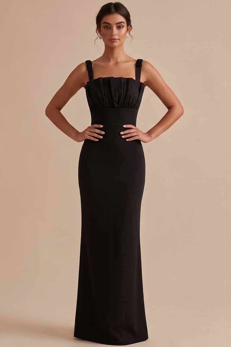 Laden Sie das Bild in den Galerie-Viewer, Schwarzes Quadratischer Ausschnitt Gerafftes Maxi Hochzeitsgastkleid