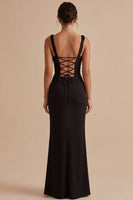 Laden Sie das Bild in den Galerie-Viewer, Schwarzes Quadratischer Ausschnitt Gerafftes Maxi Hochzeitsgastkleid