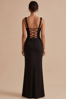 Schwarzes Quadratischer Ausschnitt Gerafftes Maxi Hochzeitsgastkleid
