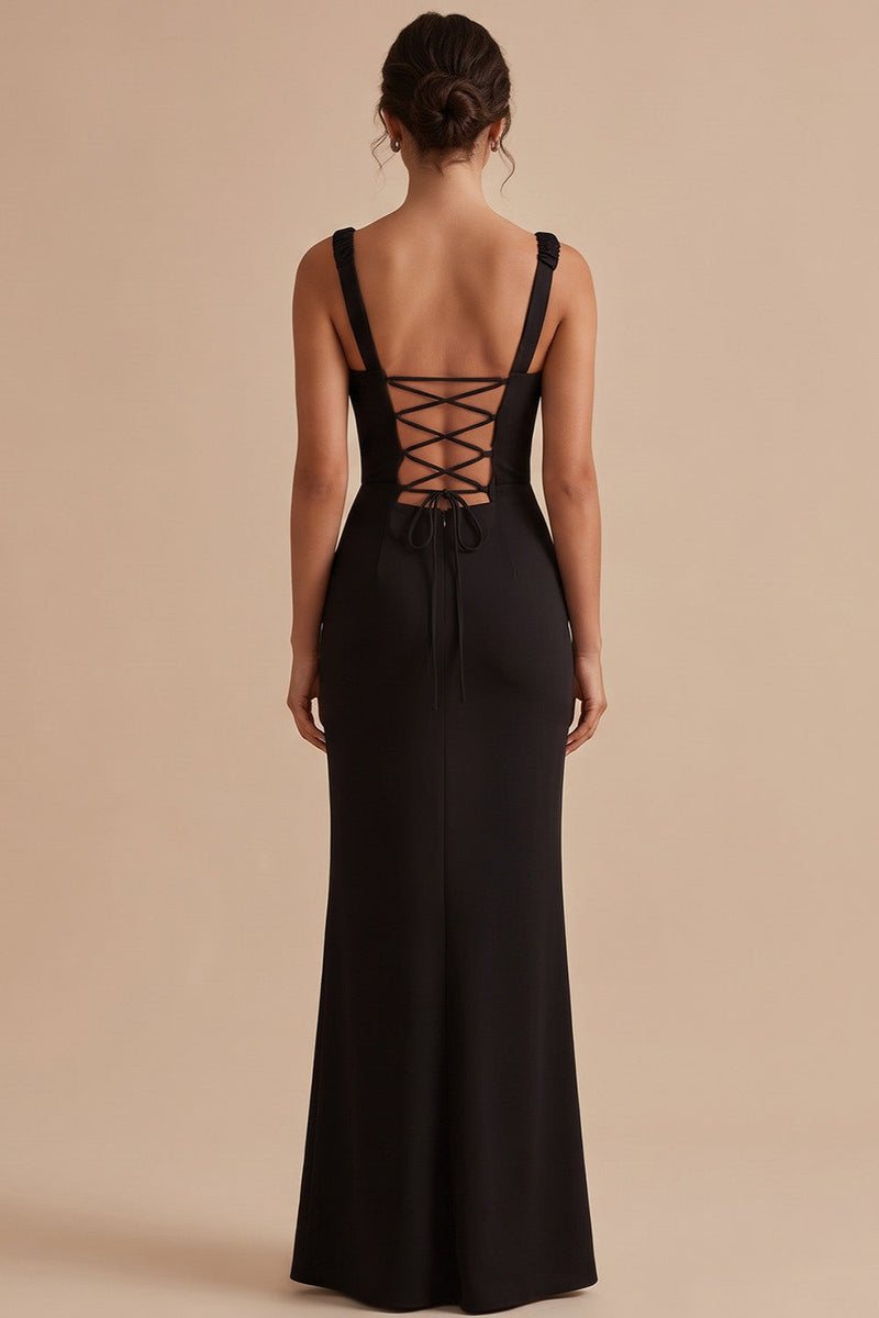 Laden Sie das Bild in den Galerie-Viewer, Schwarzes Quadratischer Ausschnitt Gerafftes Maxi Hochzeitsgastkleid