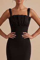 Laden Sie das Bild in den Galerie-Viewer, Schwarzes Quadratischer Ausschnitt Gerafftes Maxi Hochzeitsgastkleid