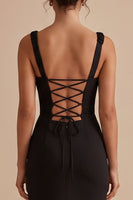 Laden Sie das Bild in den Galerie-Viewer, Schwarzes Quadratischer Ausschnitt Gerafftes Maxi Hochzeitsgastkleid