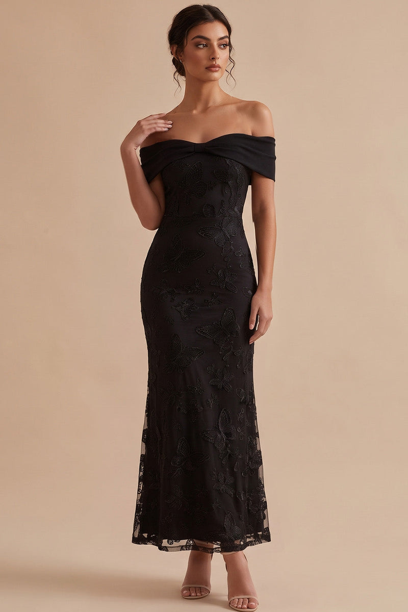 Laden Sie das Bild in den Galerie-Viewer, Schwarzes Schulterfreies Scheide Besticktes Maxi Hochzeitsgastkleid