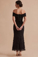 Laden Sie das Bild in den Galerie-Viewer, Schwarzes Schulterfreies Scheide Besticktes Maxi Hochzeitsgastkleid