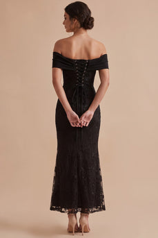 Schwarzes Schulterfreies Scheide Besticktes Maxi Hochzeitsgastkleid