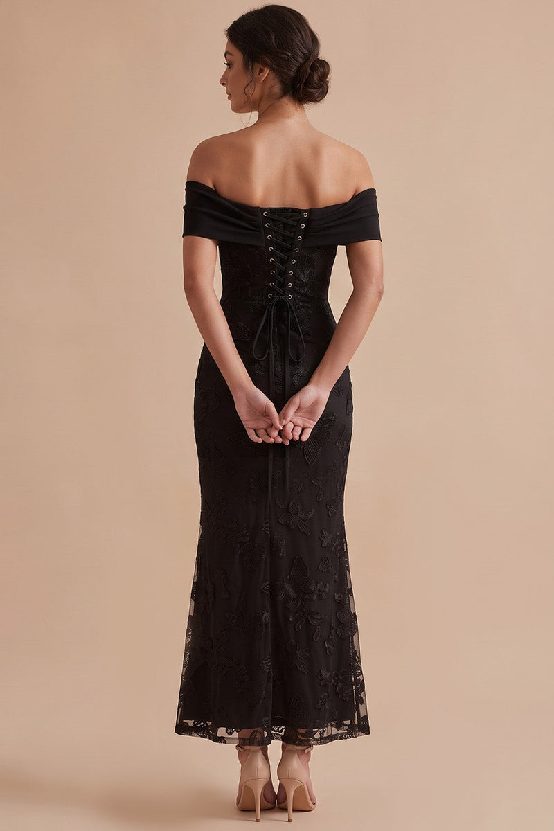 Laden Sie das Bild in den Galerie-Viewer, Schwarzes Schulterfreies Scheide Besticktes Maxi Hochzeitsgastkleid
