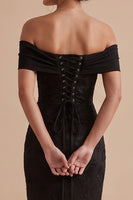 Laden Sie das Bild in den Galerie-Viewer, Schwarzes Schulterfreies Scheide Besticktes Maxi Hochzeitsgastkleid