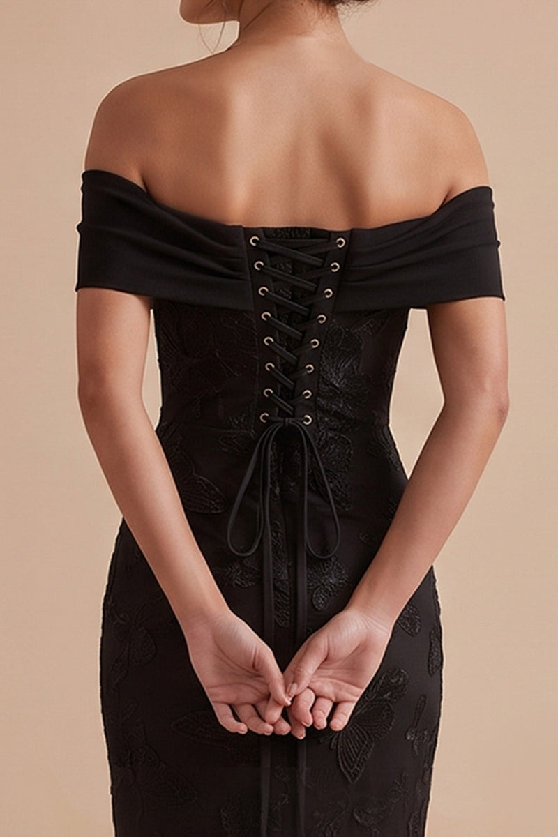 Laden Sie das Bild in den Galerie-Viewer, Schwarzes Schulterfreies Scheide Besticktes Maxi Hochzeitsgastkleid