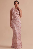 Laden Sie das Bild in den Galerie-Viewer, Rosa Scheide Einschulteriges Pailletten Besticktes Maxi Hochzeitsgastkleid mit Schleife