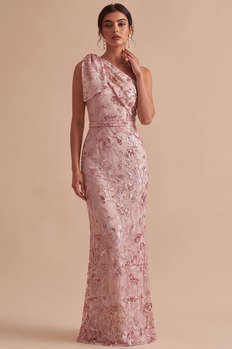 Laden Sie das Bild in den Galerie-Viewer, Rosa Scheide Einschulteriges Pailletten Besticktes Maxi Hochzeitsgastkleid mit Schleife