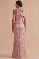 Laden Sie das Bild in den Galerie-Viewer, Rosa Scheide Einschulteriges Pailletten Besticktes Maxi Hochzeitsgastkleid mit Schleife