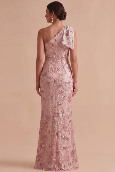 Rosa Scheide Einschulteriges Pailletten Besticktes Maxi Hochzeitsgastkleid mit Schleife