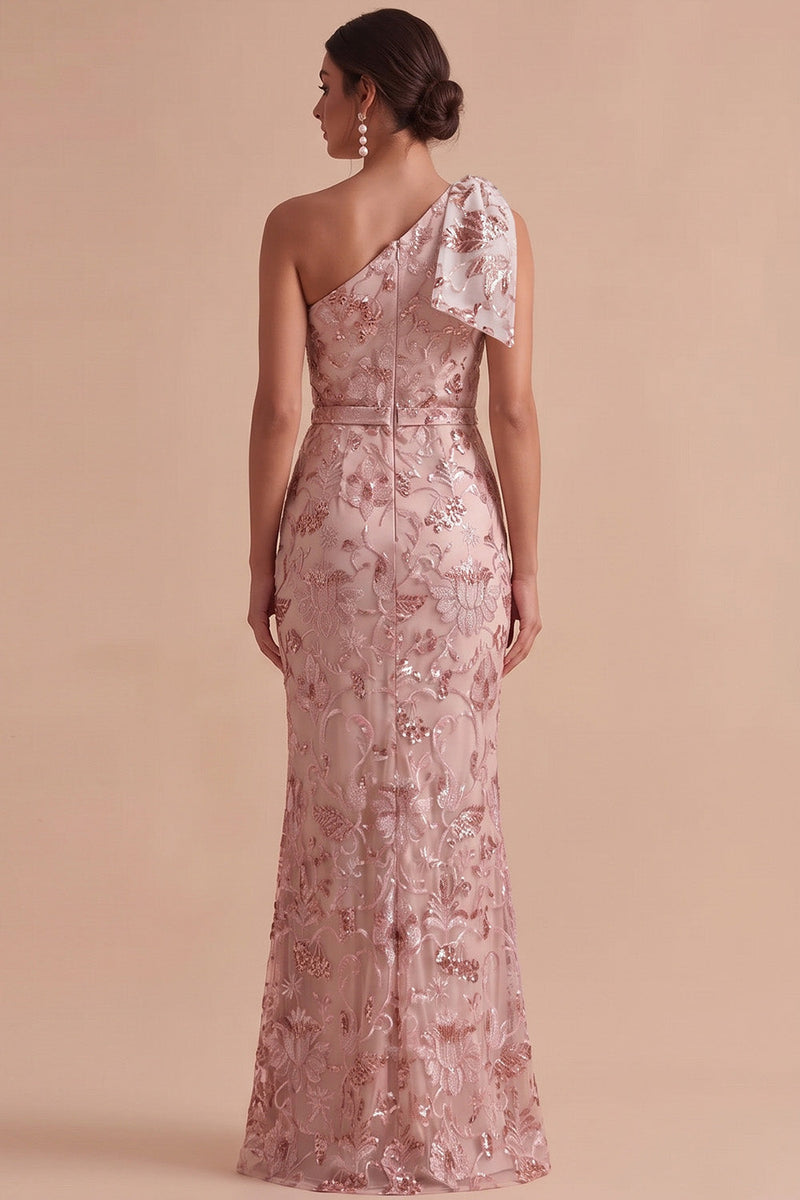 Laden Sie das Bild in den Galerie-Viewer, Rosa Scheide Einschulteriges Pailletten Besticktes Maxi Hochzeitsgastkleid mit Schleife
