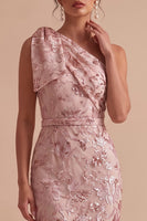Laden Sie das Bild in den Galerie-Viewer, Rosa Scheide Einschulteriges Pailletten Besticktes Maxi Hochzeitsgastkleid mit Schleife